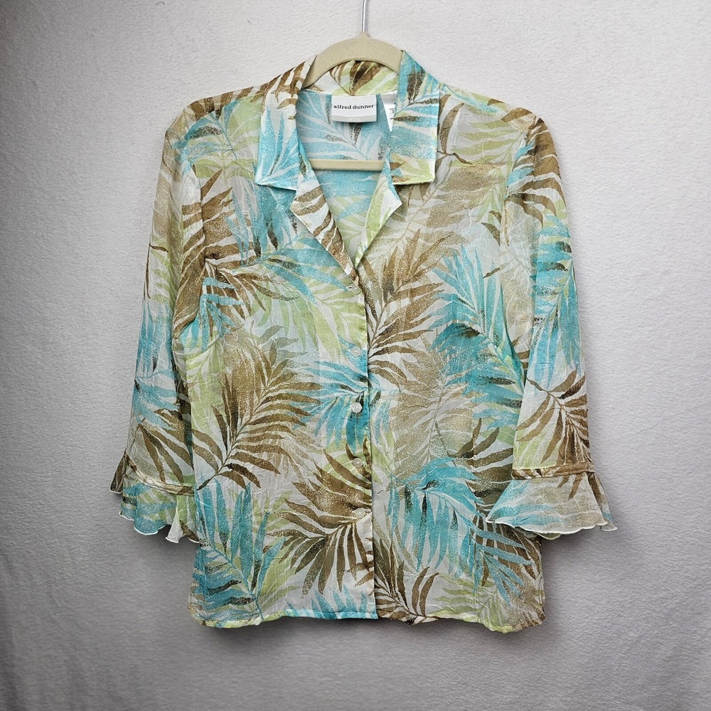 Alfred Dunner Shirt Woman's Size 8 Petite Blue Beige Palm Print Button Up